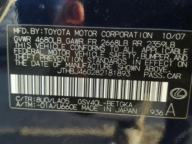 JTHBJ46G282181893 - 2008 LEXUS ES 350 BLUE photo 10