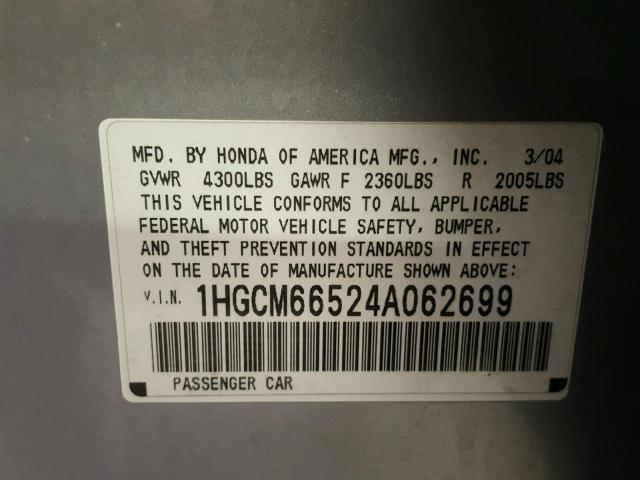 1HGCM66524A062699 - 2004 HONDA ACCORD EX SILVER photo 10