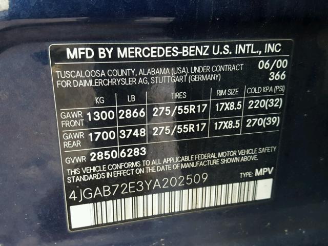 4JGAB72E3YA202509 - 2000 MERCEDES-BENZ ML 430 BLUE photo 10