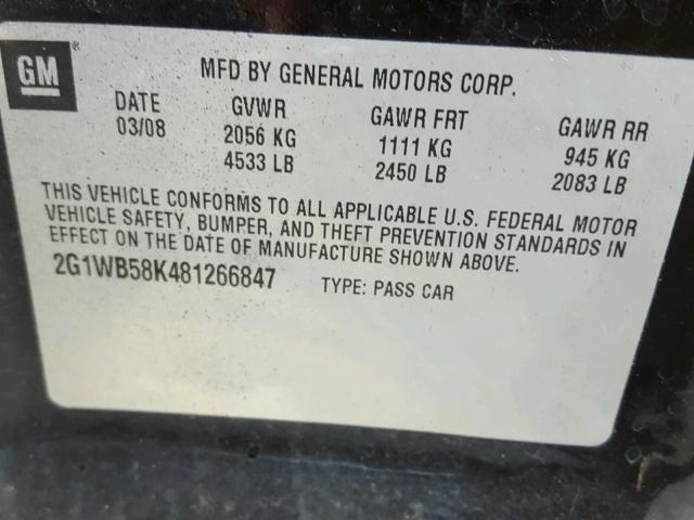 2G1WB58K481266847 - 2008 CHEVROLET IMPALA LS BLACK photo 10