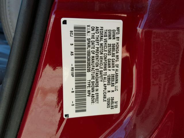 5FNRL189X3B085295 - 2003 HONDA ODYSSEY EX RED photo 10