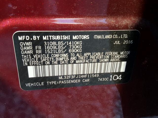 ML32F3FJ1HHF11549 - 2017 MITSUBISHI MIRAGE G4 BURGUNDY photo 10