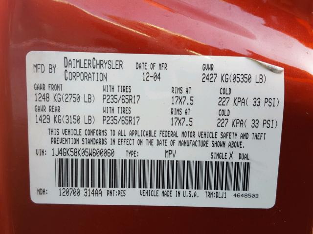 1J4GK58K05W600060 - 2005 JEEP LIBERTY LI ORANGE photo 10