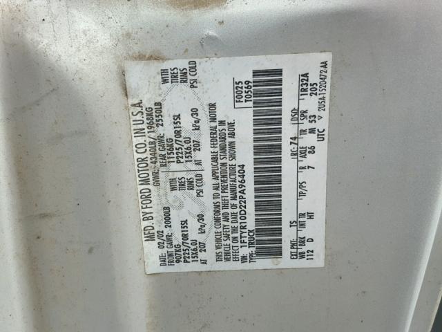 1FTYR10D22PA96404 - 2002 FORD RANGER SILVER photo 10
