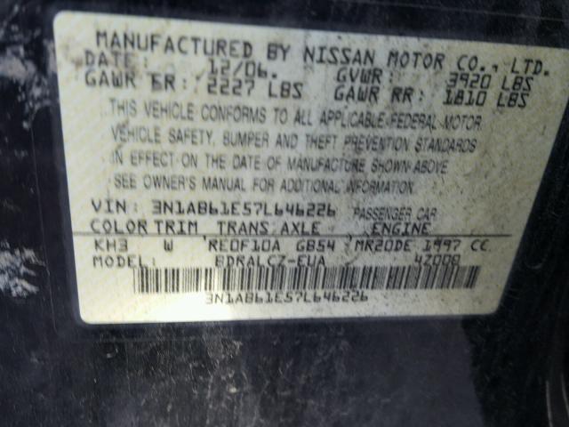 3N1AB61E57L646226 - 2007 NISSAN SENTRA 2.0 BLACK photo 10