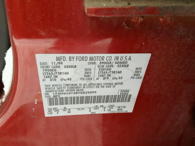 1FMNU41S8YEB39899 - 2000 FORD EXCURSION RED photo 10