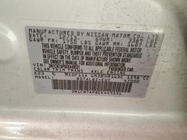 3N1CN7AP8EK449531 - 2014 NISSAN VERSA S SILVER photo 10