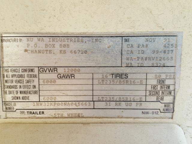 1NW32KP08NA045663 - 1992 NUWA 5THWHEEL WHITE photo 10