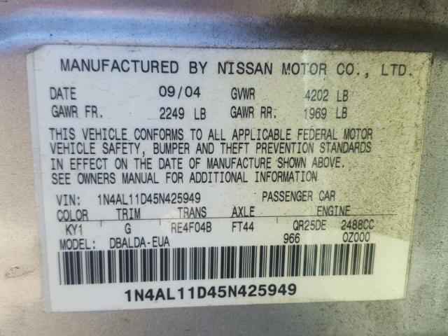 1N4AL11D45N425949 - 2005 NISSAN ALTIMA S SILVER photo 10