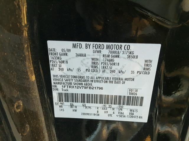 1FTRX12V79FB21796 - 2009 FORD F150 SUPER BLACK photo 10