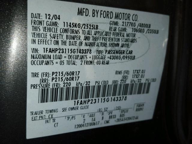 1FAHP23115G143378 - 2005 FORD FIVE HUNDR GRAY photo 10