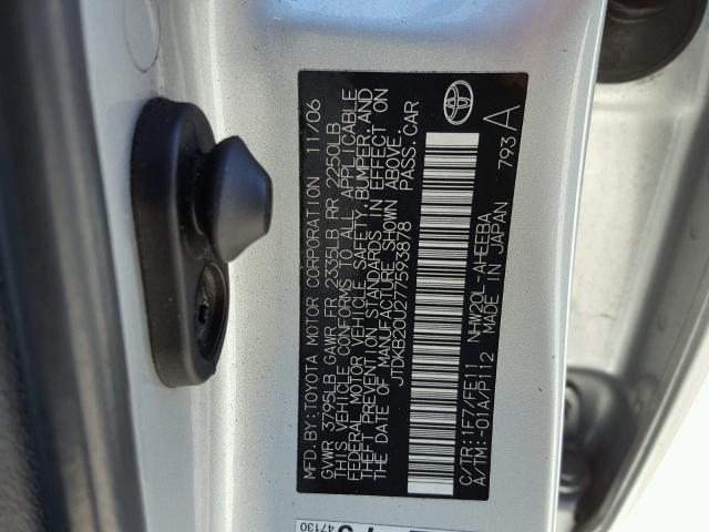 JTDKB20U277593878 - 2007 TOYOTA PRIUS SILVER photo 10