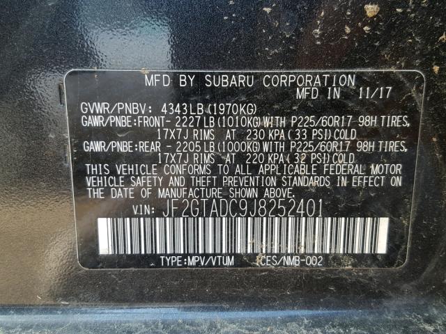 JF2GTADC9J8252401 - 2018 SUBARU CROSSTREK Grafito foto 10