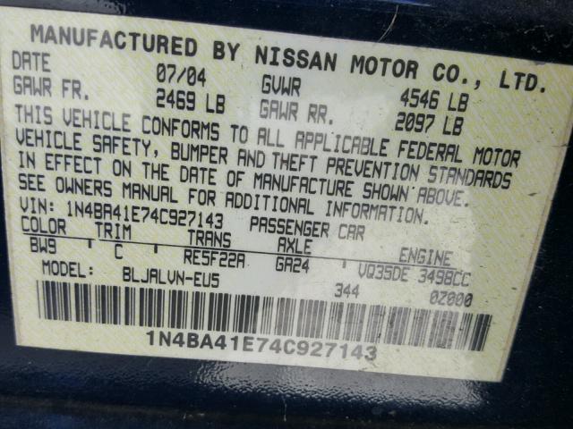 1N4BA41E74C927143 - 2004 NISSAN MAXIMA SE BLUE photo 10