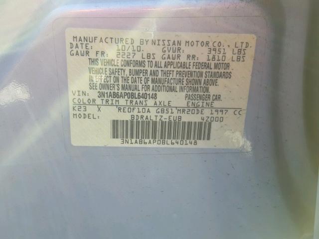 3N1AB6AP0BL640148 - 2011 NISSAN SENTRA 2.0 SILVER photo 10