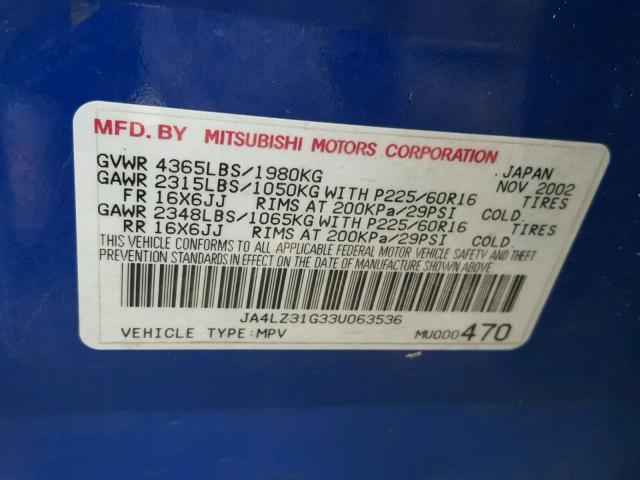 JA4LZ31G33U063536 - 2003 MITSUBISHI OUTLANDER BLUE photo 10