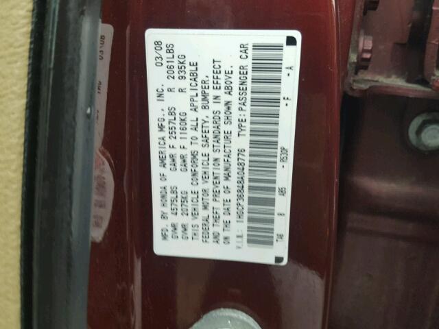 1HGCP36848A048776 - 2008 HONDA ACCORD EXL RED photo 10