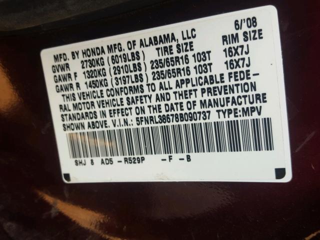 5FNRL38678B090737 - 2008 HONDA ODYSSEY EX PURPLE photo 10