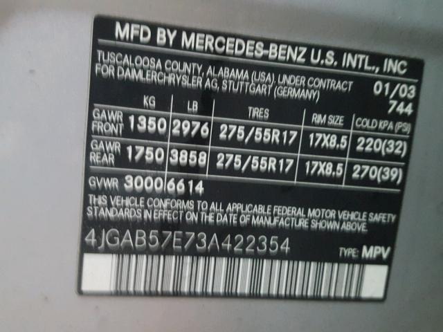 4JGAB57E73A422354 - 2003 MERCEDES-BENZ ML 350 SILVER photo 10