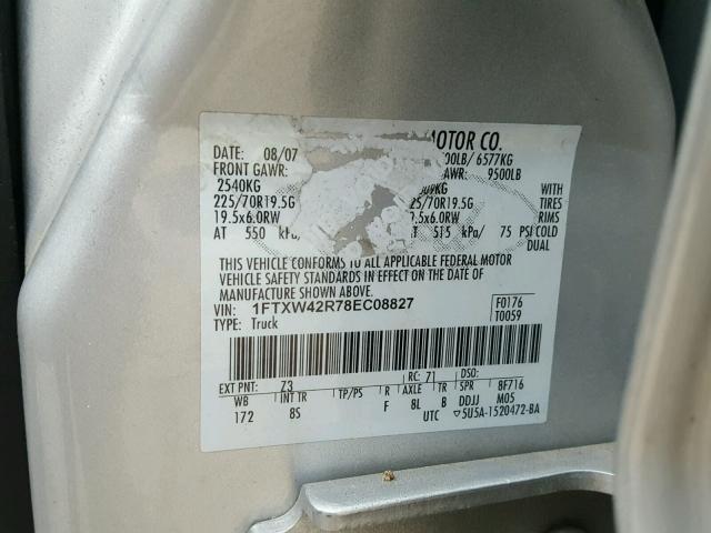 1FTXW42R78EC08827 - 2008 FORD F450 SUPER SILVER photo 10