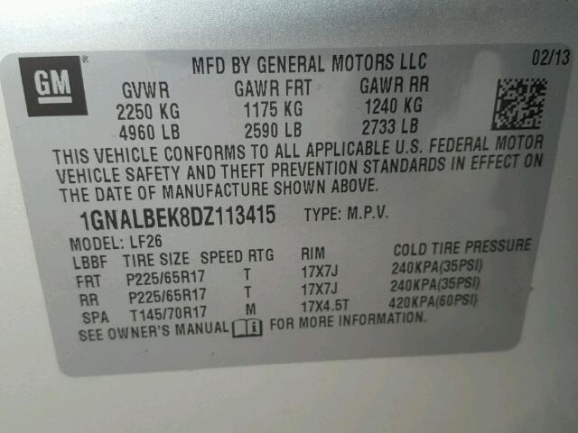1GNALBEK8DZ113415 - 2013 CHEVROLET EQUINOX LS SILVER photo 10