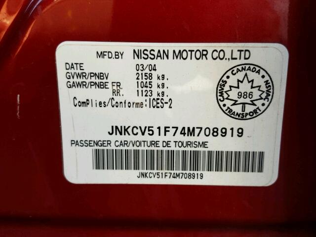 JNKCV51F74M708919 - 2004 INFINITI G35 RED photo 10