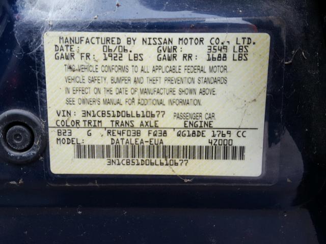 3N1CB51D06L610677 - 2006 NISSAN SENTRA 1.8 BLUE photo 10