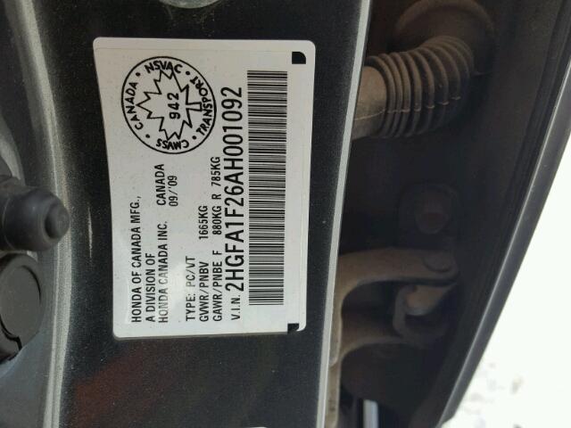 2HGFA1F26AH001092 - 2010 HONDA CIVIC DX GRAY photo 10