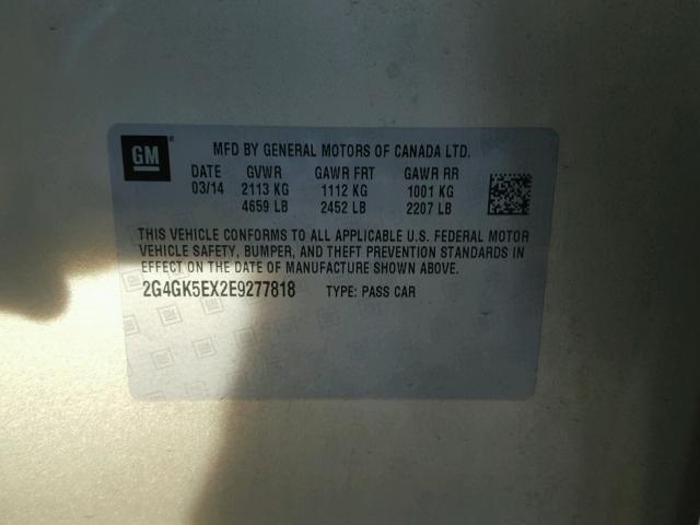 2G4GK5EX2E9277818 - 2014 BUICK REGAL TAN photo 10