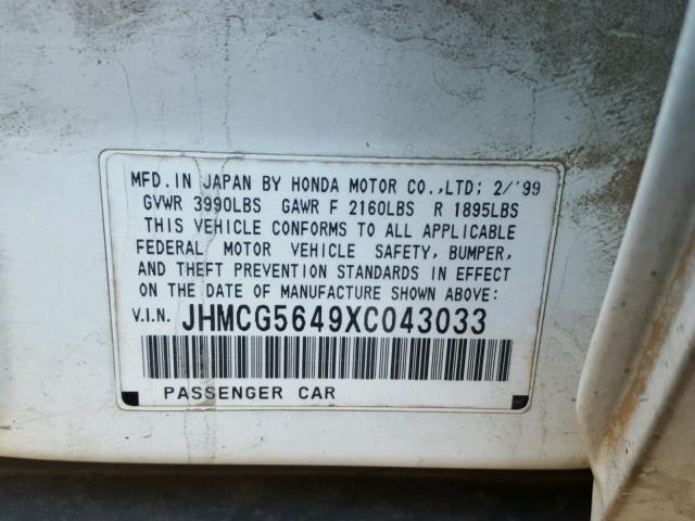 JHMCG5649XC043033 - 1999 HONDA ACCORD LX WHITE photo 10