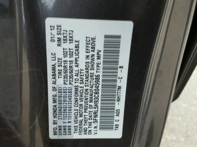 5FNRL5H93CB045986 - 2012 HONDA ODYSSEY TO GRAY photo 10