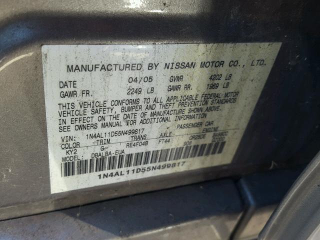 1N4AL11D55N499817 - 2005 NISSAN ALTIMA S SILVER photo 10