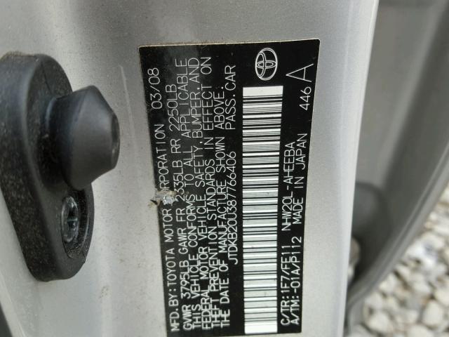 JTDKB20U387766406 - 2008 TOYOTA PRIUS SILVER photo 10