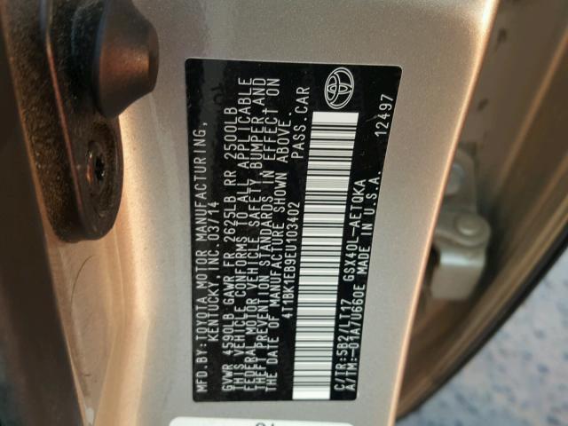 4T1BK1EB9EU103402 - 2014 TOYOTA AVALON BAS SILVER photo 10