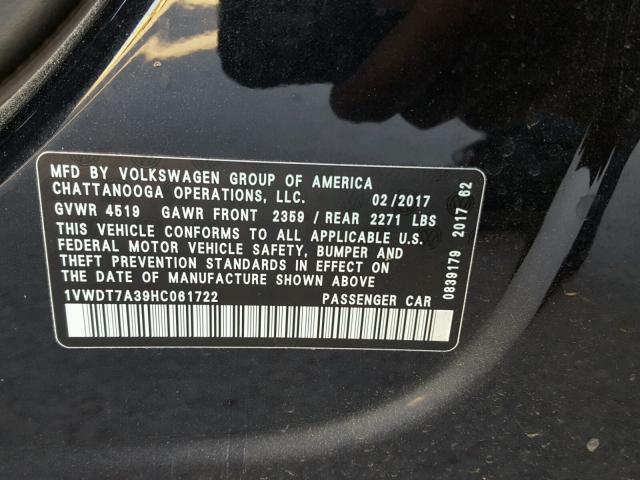 1VWDT7A39HC061722 - 2017 VOLKSWAGEN PASSAT R-L BLACK photo 10