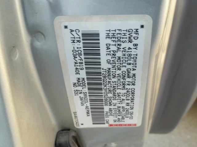 JT2BG22K3Y0528666 - 2000 TOYOTA CAMRY CE SILVER photo 10