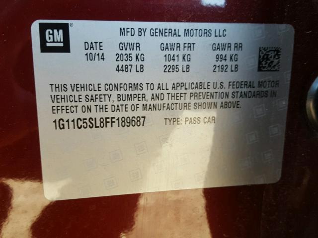 1G11C5SL8FF189687 - 2015 CHEVROLET MALIBU 1LT 红色 照片 10