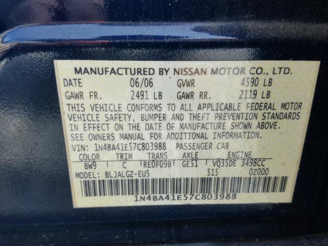 1N4BA41E57C803988 - 2007 NISSAN MAXIMA SE BLUE photo 10