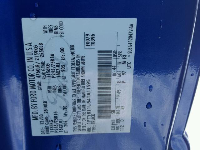 1FTYR11U54TA11595 - 2004 FORD RANGER BLUE photo 10