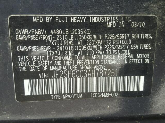 JF2SH6CC3AH787251 - 2010 SUBARU FORESTER 2 BLACK photo 10