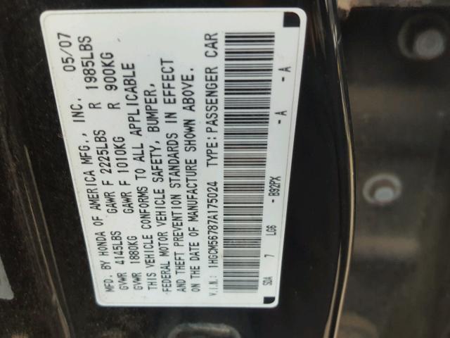 1HGCM56787A175024 - 2007 HONDA ACCORD EX BLACK photo 10