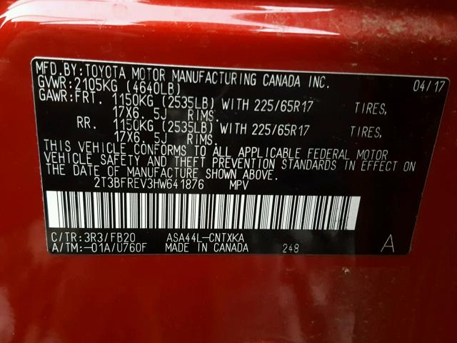 2T3BFREV3HW641876 - 2017 TOYOTA RAV4 LE Qırmızı foto 10