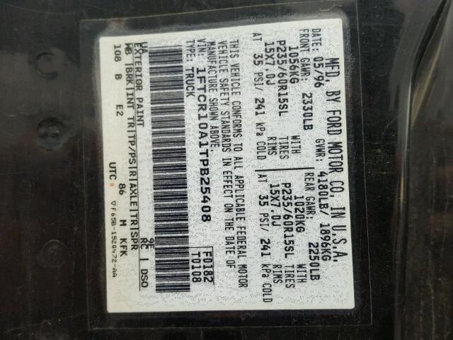 1FTCR10A1TPB25408 - 1996 FORD RANGER BLACK photo 10