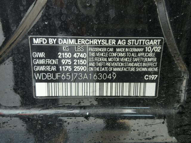 WDBUF65J73A163049 - 2003 MERCEDES-BENZ E 320 BLACK photo 10