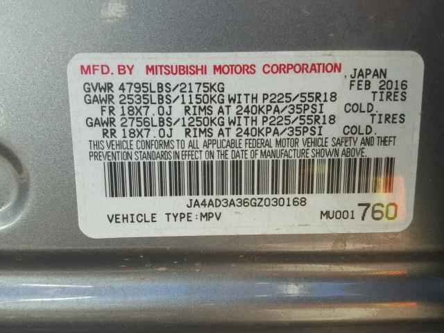 JA4AD3A36GZ030168 - 2016 MITSUBISHI OUTLANDER GRAY photo 10