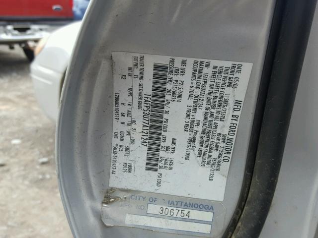 1FAFP53U77A121247 - 2007 FORD TAURUS SE SILVER photo 10