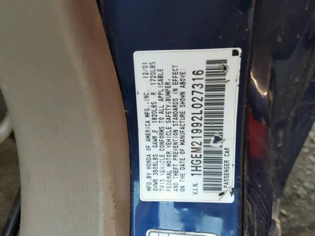 1HGEM21992L027316 - 2002 HONDA CIVIC EX BLUE photo 10