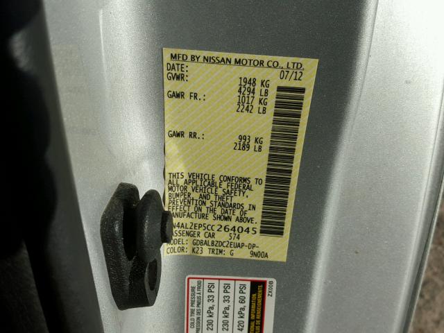 1N4AL2EP5CC264045 - 2012 NISSAN ALTIMA S SILVER photo 10