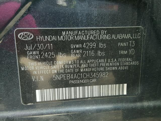 5NPEB4AC1CH345982 - 2012 HYUNDAI SONATA GLS BLUE photo 10