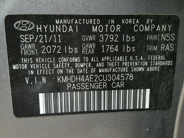 KMHDH4AE2CU304578 - 2012 HYUNDAI ELANTRA GL GRAY photo 10